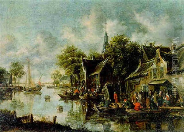 Flusslandschaft Mit Personen Und Ruderbooten Oil Painting - Thomas Heeremans