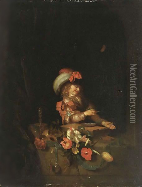 Vanitas A Boy In A Window Blowing Bubbles, With A Skull, Flowers, A Watch, A Candle And A Butterfly Oil Painting - Adriaen Van Der Werff