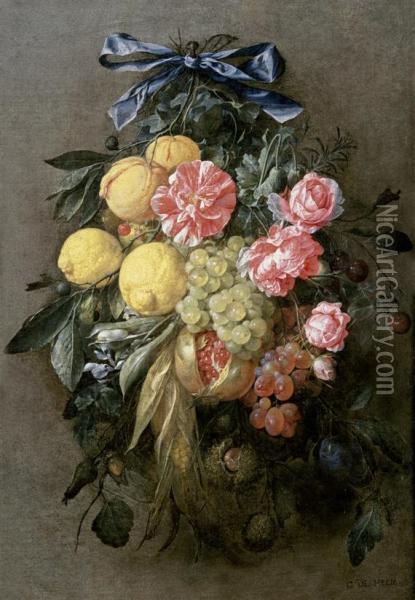 Arrangement Of Hanging Flowers With Fruits On A Blue Ribbon Oil Painting - Cornelis De Heem