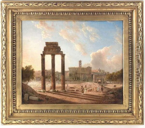 The Forum Romanum With The Conservator's Palace, The Temple Of Castor And Pollux And The Arch Of Emperor Septimus Severus Oil Painting - Gaspare Gabrielli