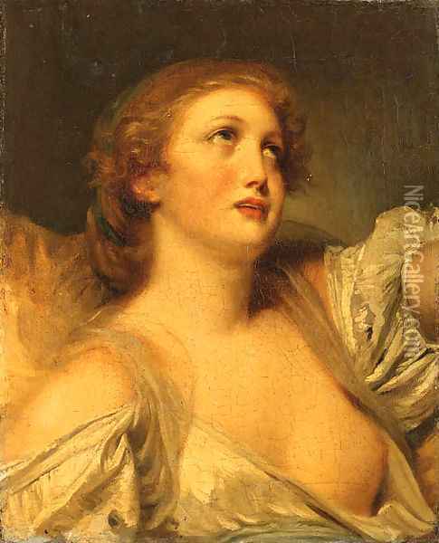 A Girl, bust length, en deshabill Oil Painting - Jean Baptiste Greuze