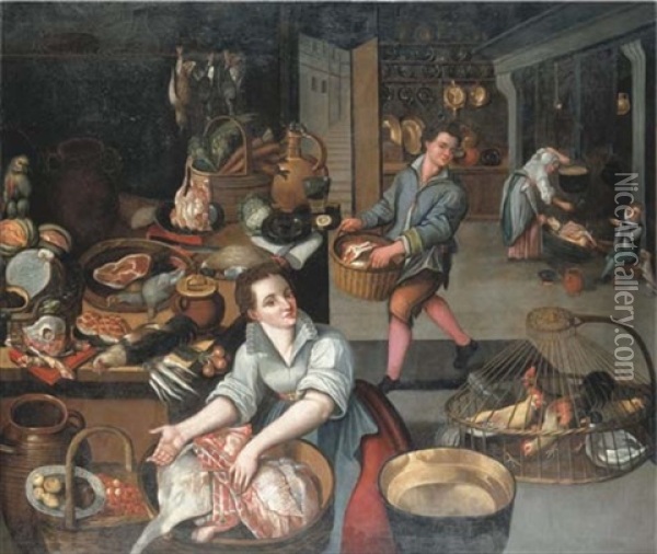 A Kitchen Interior Oil Painting - Jean-Baptist de Saive