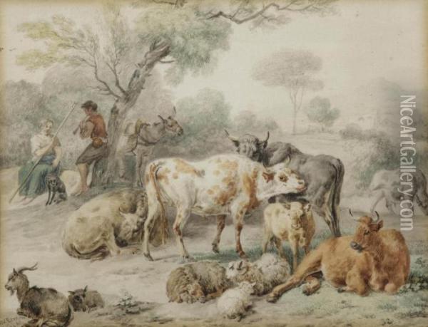 Cattle In A Meadow Oil Painting - Dirk van Bergen