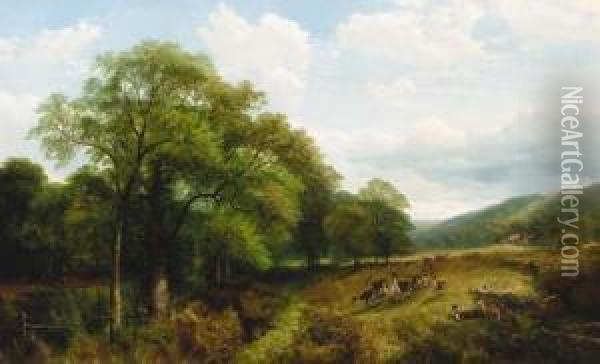 A Herd Of Deer In A Wooded River Landscape, Near Kenilworth Oil Painting - Henry Jutsum