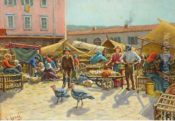 Trieste, Mercato In Piazza Oil Painting - Ernesto Croci
