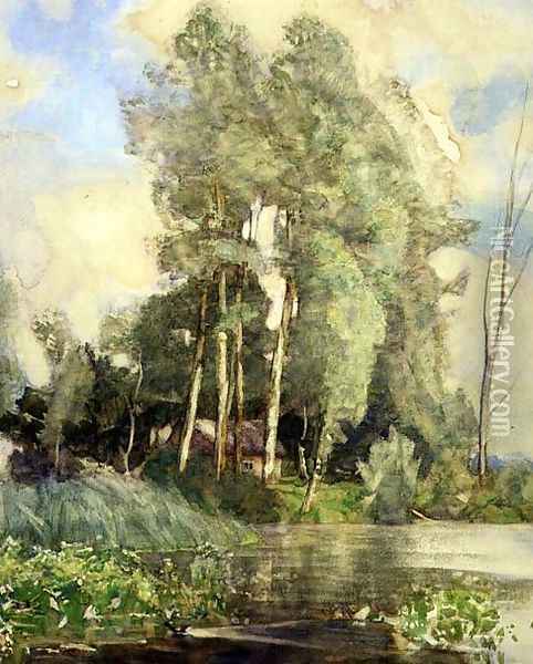 A Cottage on a Riverbank Oil Painting - Adrian Scott Stokes