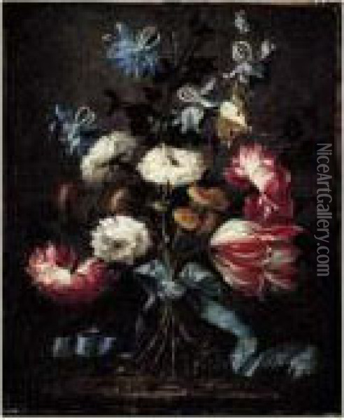 Bouquet De Fleurs Retenu Par Un Noeud Bleu Oil Painting - Juan De Arellano