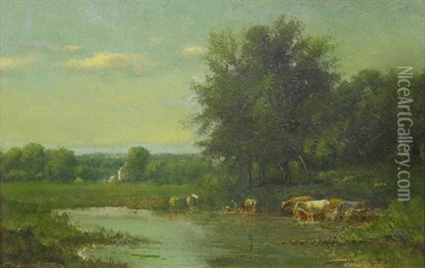 Landscape With Cattle Watering By The Farm Oil Painting - James McDougal Hart