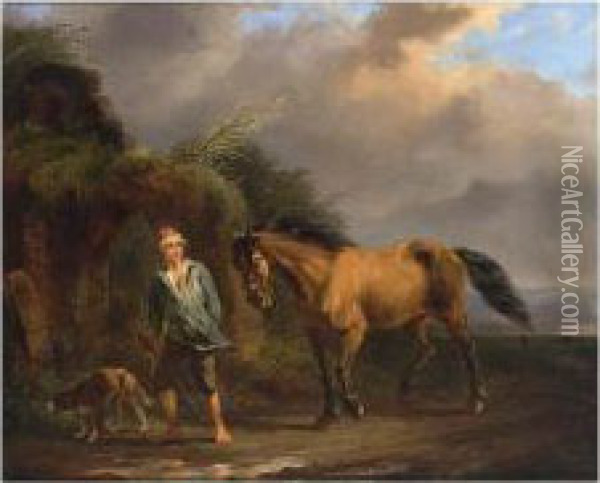 A Boy With Horse And Dog Travelling Oil Painting - Pieter Gerardus Van Os