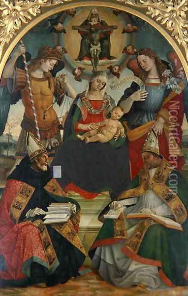 The Trinity, Madonna and Child, Angels and Saints, c.1505-08 Oil Painting - Luca Signorelli