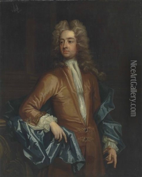 Portrait Of Francis, 2nd Earl Of Godolphin (1678-1766), Three-quarter-length, In A Brown Coat With Jewelled Clasps And A Blue Cloak Oil Painting - Michael Dahl