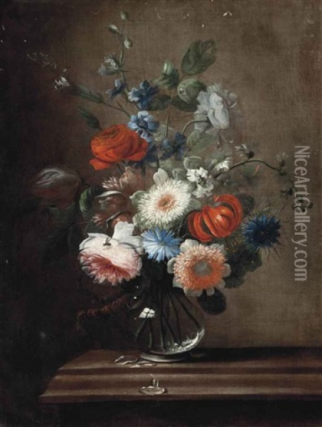 Roses, A Tulip, Corn Flowers, A Lilly And Hollyhocks In A Glass Vase On A Stone Ledge Oil Painting - Karel van Vogelaer