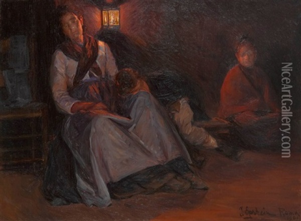 Rastende Mutter Mit Ihren Kindern Im Licht Einer Laterne Oil Painting - Jehudo Epstein