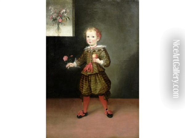 Portrait Of A Boy, Full-length, In A Green Doublet And Hose, Holding A Rose And An Apple Oil Painting - Pier Francesco Cittadini