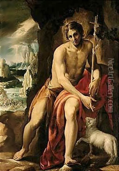 Saint John The Baptist In The Wilderness, The Baptism Of Christ In The Distance Oil Painting - Orazio Borgianni