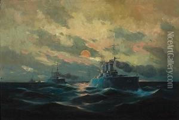 The Battleship 'averoff' Leading The Greek Fleet To The Battle Of Elli Oil Painting - Vassilios Chatzis