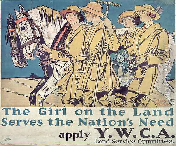 The Girl on the Land Serves the Nations Need, World War I YWCA poster Oil Painting - Edward Penfield