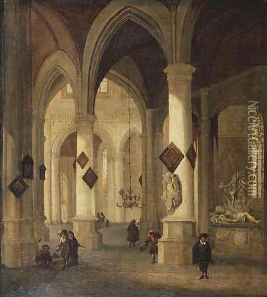 The interior of the Oude Kerk, Delft, with peasants and elegant townsfolk near the funerary monument of Admiral Maerten Harpertsz. Tromp Oil Painting - Hendrick Van Vliet