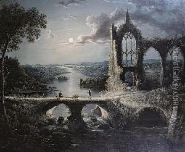 Moonlit River Landscape With Figures On Abridge Before Ruins Oil Painting - Abraham Pether