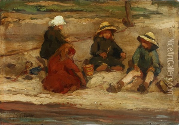 Children Making Sandcastles Oil Painting - August Willem van Voorden
