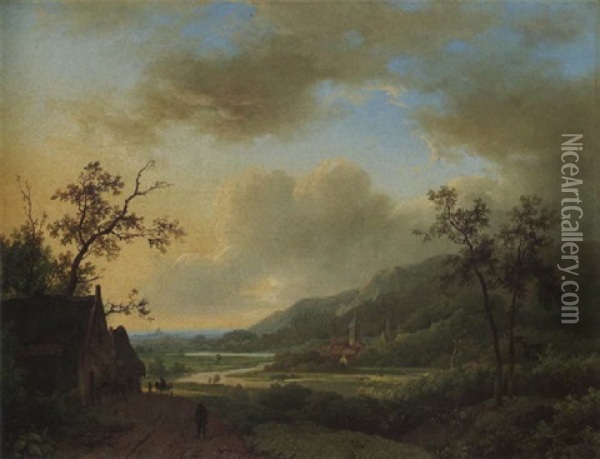A Mountainous Landscape With Travellers By An Inn Oil Painting - Marinus Adrianus Koekkoek