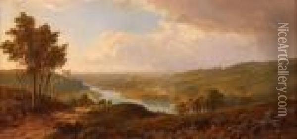 Panoramic View Of A Valley With Cottages Oil Painting - Edmund John Niemann, Snr.