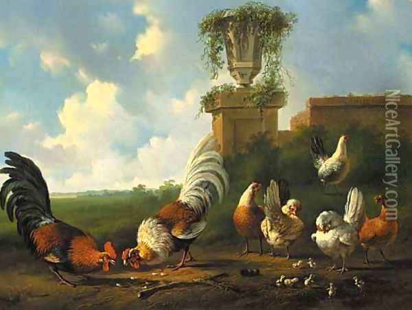 Poultry in a summer landscape by a ruined wall Oil Painting - Albertus Verhoesen