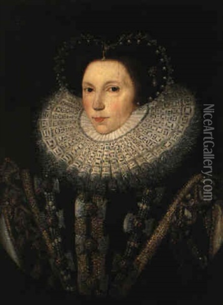 Portrait Of A Lady, Bust-length, In A Jewel-encrusted Dress And Ruff Oil Painting - William (Sir) Segar