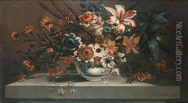 A Lily, Honeysuckle, Narcissi, Carnations Andother Flowers In A Blue And White Porcelain Vase On A Stoneledge Oil Painting - Johann Baptiste Bouttats