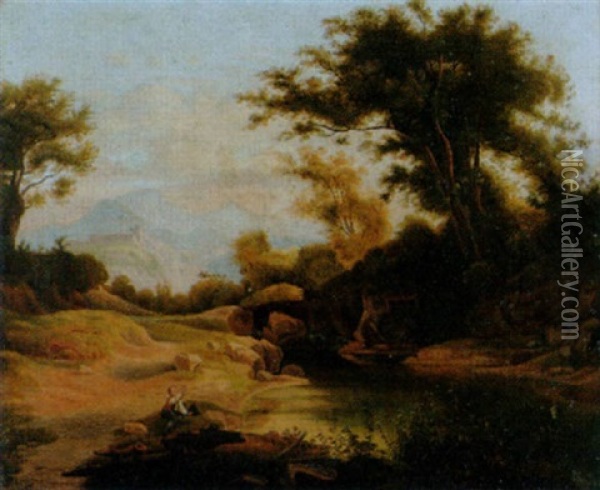 Sommerliche Landschaft Mit Teich Oil Painting - Joseph Roedler