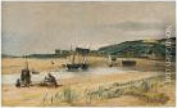 Plage De Sable Avec Bateaux Et Pecheurs (sainte-adresse) Oil Painting - Jean-Baptiste-Camille Corot