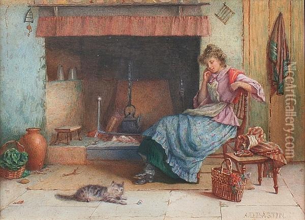 By The Fireside Oil Painting - A. D. Bastin