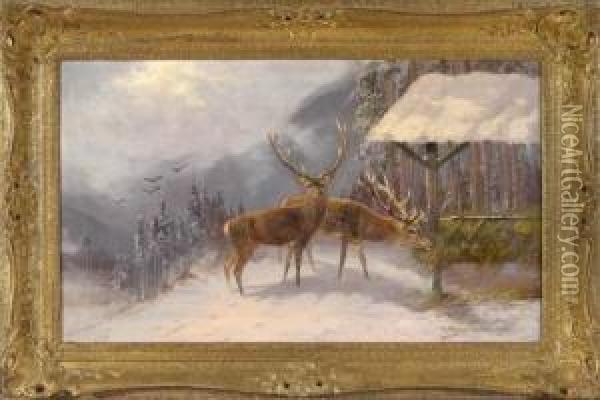Zwei Hirsche An Der Futterkrippe Vor Winterlicher Berglandschaft Oil Painting - Moritz Ii Muller