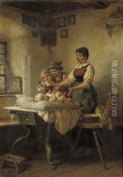 Admiring The Newborn Oil Painting - Wilhelm Sen Roegge