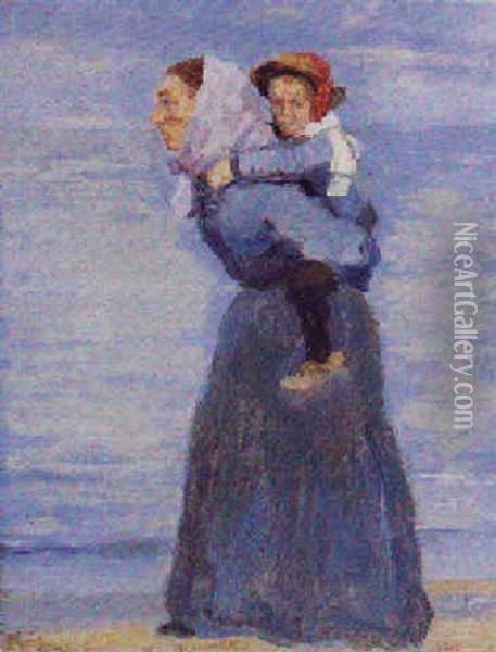 Moder Med Sit Barn Pa Ryggen Ved Skagen Strand Oil Painting - Anna Kirstine Ancher