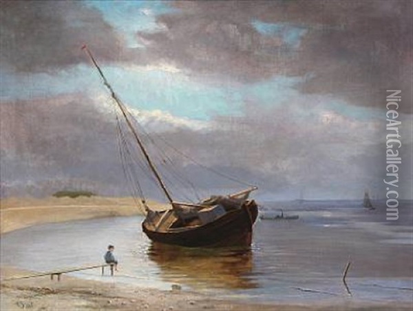 Coastal Scene With A Sailing Boat Oil Painting - Viggo Simesen