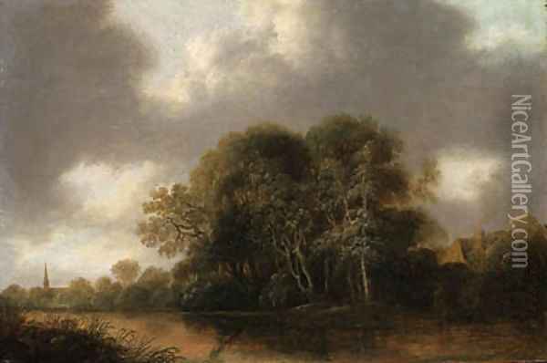 A wooded river landscape with a cottage, a church spire beyond Oil Painting - Francois Van Knibbergen