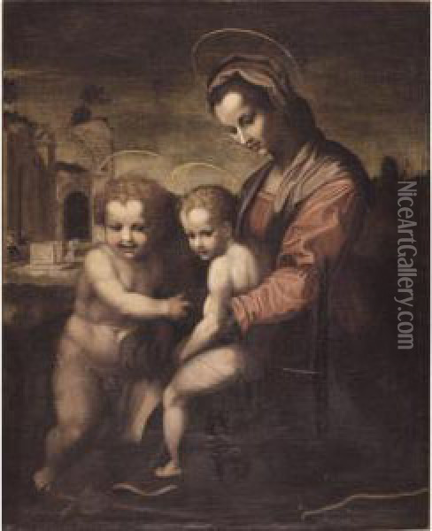 The Madonna And Child With Saint John The Baptist In A Landscape Oil Painting - Andrea Del Sarto