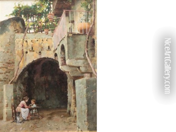 Mother And Child In An Italian Courtyard Oil Painting - William Logsdail