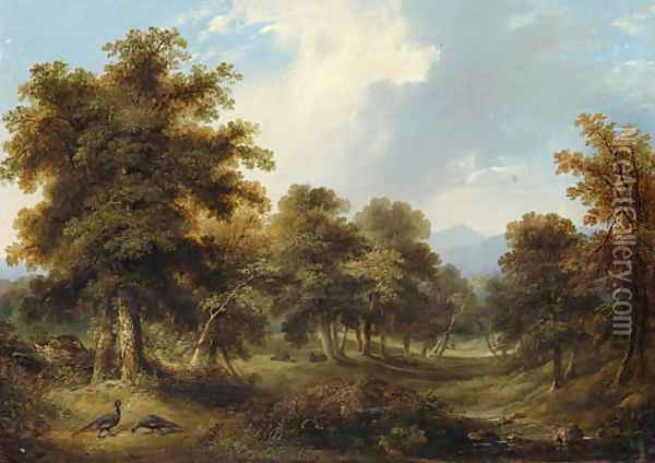 A wooded Glade with Pheasants and Rabbits, a sportsman and his dog beyond Oil Painting - Ramsay Richard Reinagle