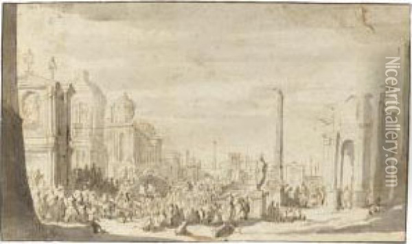 Recto: A Crowd Of Figures 
Gathered In The Roman Forum, An Obelisk And Triumphal Arch To The Left; 
Verso: Three Men In Discussion At The Base Of An Elaborate Column Oil Painting - Jacob Van Der Ulft