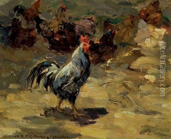 Barnyard Roosters And Chickens. Oil Painting - Elizabeth Mcgillivr. Knowles