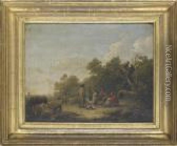 Travellers By A Fire Oil Painting - George Morland