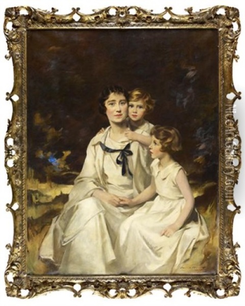 A Family Portrait Of Elizabeth, The Queen Mother And Her Daughters Princess Elizabeth And Princess Margaret Oil Painting - Charles Edward Brock