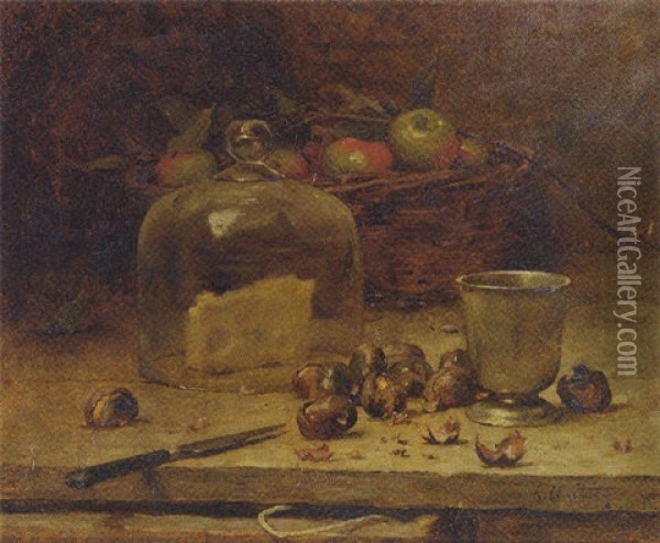 A Still Life With Cheese, Chestnuts And Apples In A Wicker Basket Oil Painting - Rene Louis Chretien
