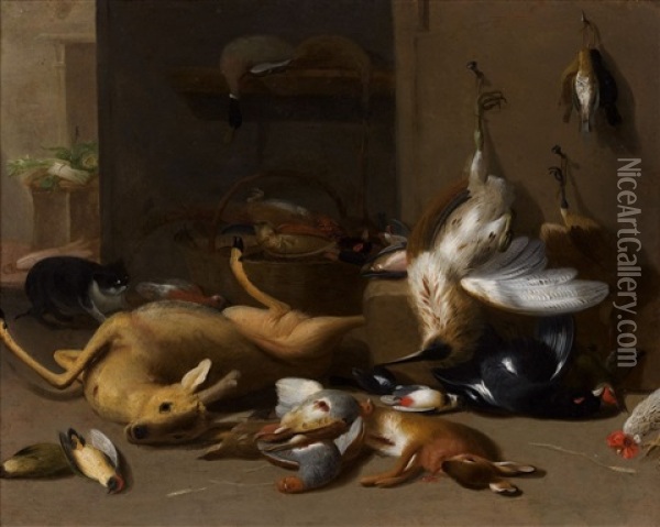 Nature Morte Au Brocard Et Gibier Dans Un Garde-manger Oil Painting - Jan van Kessel the Younger