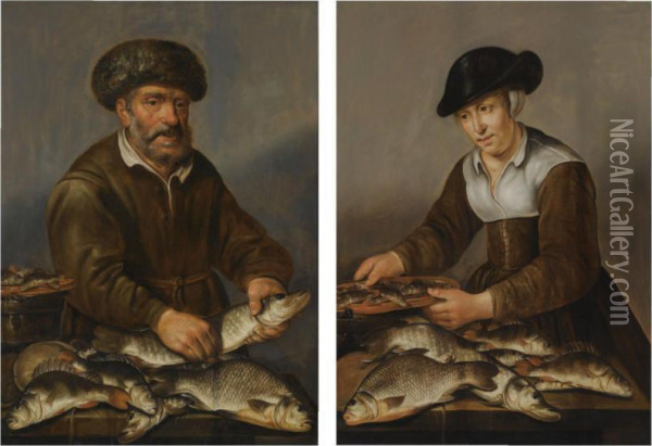 A Fisherman Holding A Pike, With Bream, Perch And Otherfreshwater Fish On A Table Oil Painting - Pieter de Putter