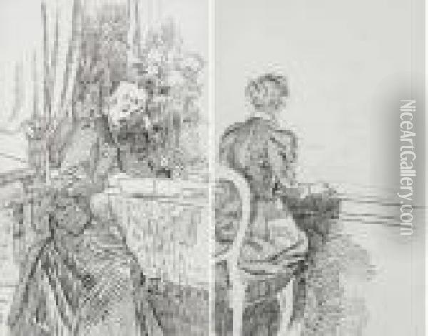 Studies Of A Woman Writing A Letter Andplaying A Piano (a Pair) Oil Painting - Mildred Anne Butler
