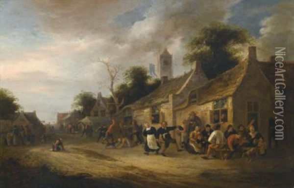 A Village Street Scene With Figures Dancing And Drinking Oil Painting - Nicolaes Molenaer