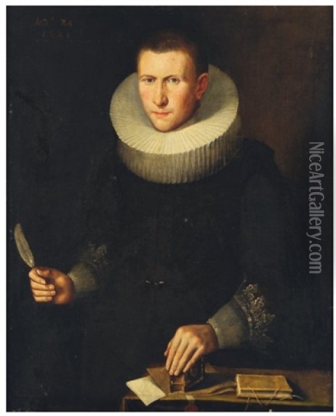 Portrait D'homme En Buste A La Plume Et L'encrier Oil Painting - Thomas De Keyser